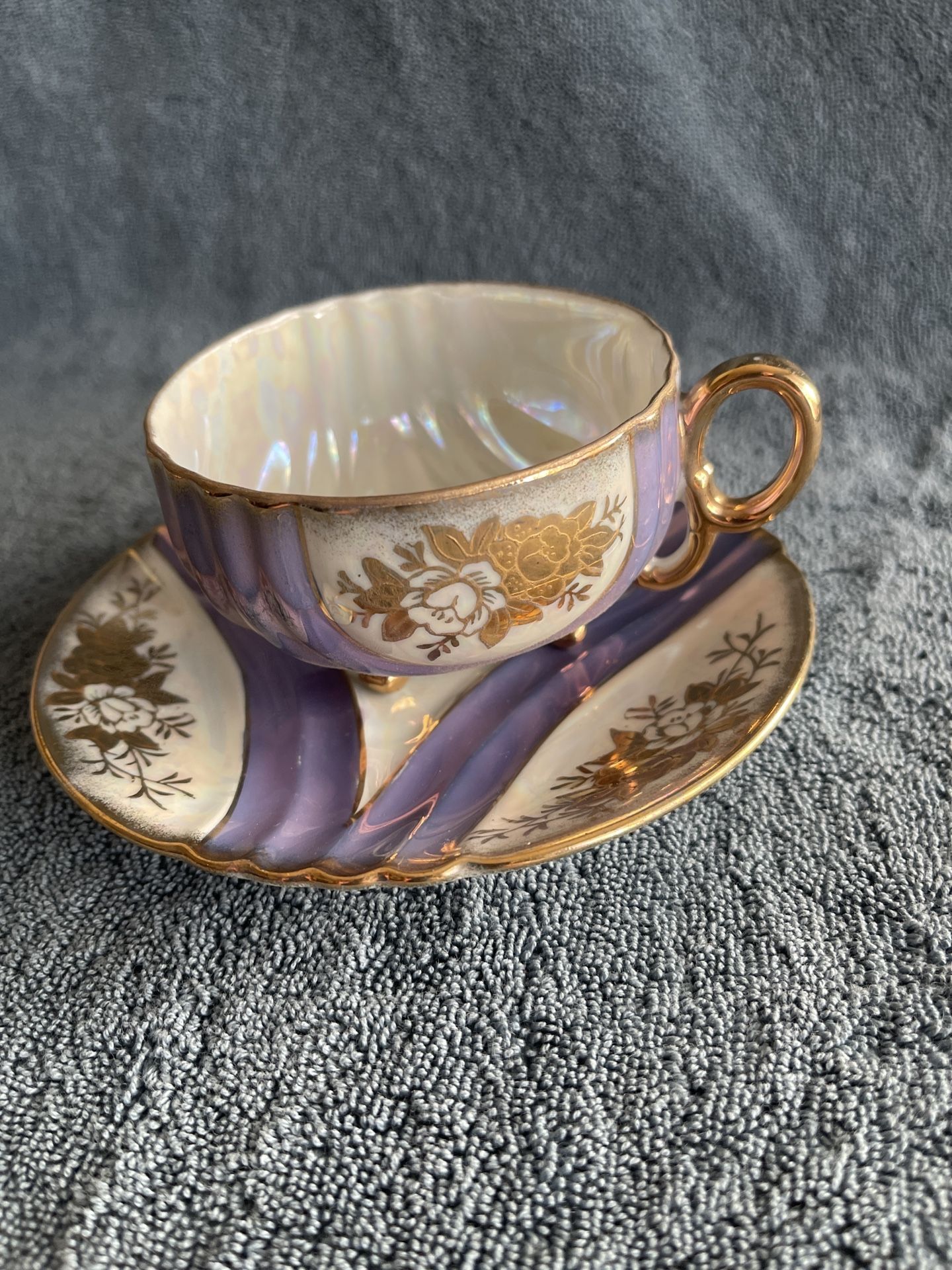 Vintage Porcelain Tea Cup Saucer Iridescent Lavender Gold Gilt Wavy Design