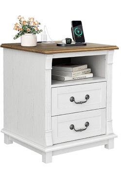 New Farmhouse Wood Nightstand w Charging Station 2 Drawers Oak White Side Table