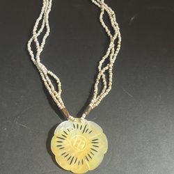 Vintage Art Deco  Glass Beads Mother of Pearl Multi Strand Pendant Dangle Floral Design Necklace 