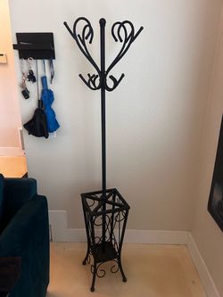 Black Wrought Iron Coat Rack with Umbrella Stand