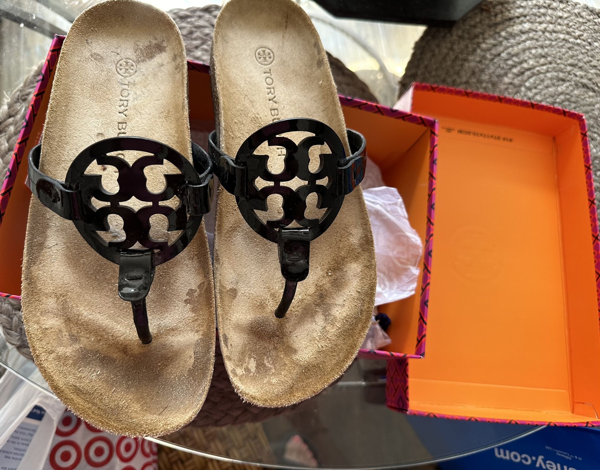 Tory Burch Miller Cloud Ergo Footbed Sandals Black Patent Leather-Sz 8