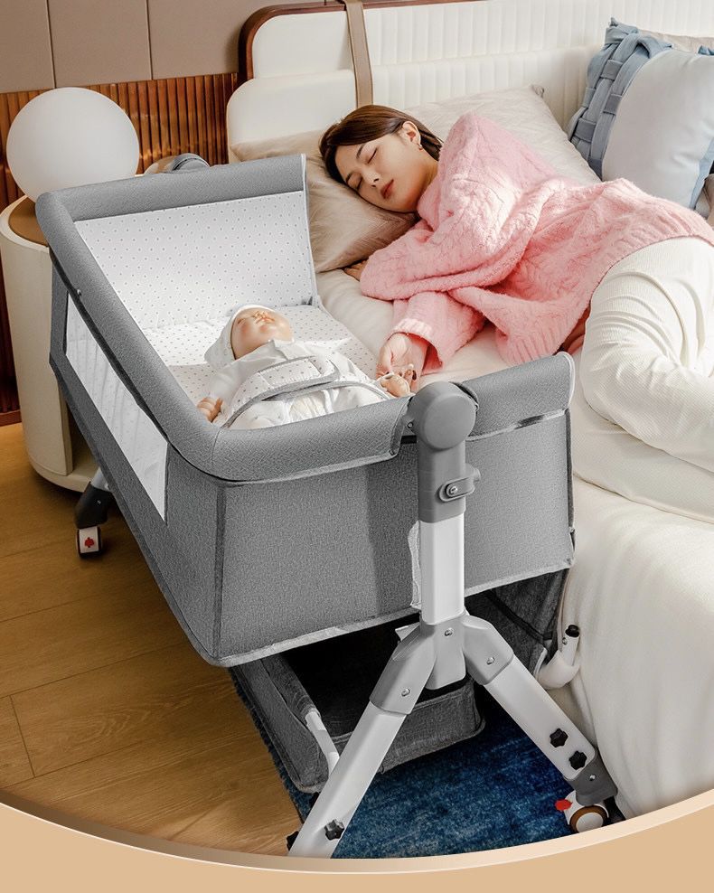 Baby Crib, Easy Folding Portable Crib, Bedside Bassinet, Adjustable Height,Comfy Mattress Included, Folding Portacot Crib with Wheels(Color:Gray)