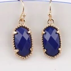small Gold Royal Blue hexagon oval faceted Dangle earrings