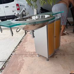 Sink Unit with Glass Top and Cabinet/ lavamano