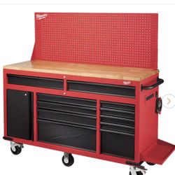 61 in. 11-Drawer/1-Door 22 in. D Mobile Workbench with Sliding Pegboard Back Wall in Red/Black