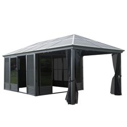 11x21FT Outdoor Sunroom, All Season Solarium Gazebo with Galvanized Steel Roof, Detachable PE Screen, 2 Lockable Sliding Door, Hardtop Gazebo with Net