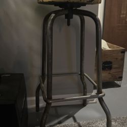 Vintage Industrial Adjustable Stool | Wooden Seat | Factory| c. 1915–1935