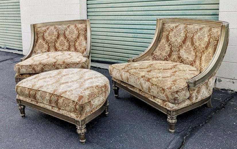 Vintage Italian Extra Wide Slipper Chairs + Ottoman