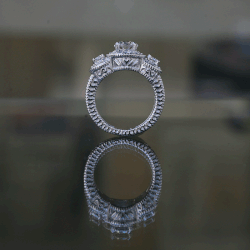 Three Stone Sterling Silver Ring with Round Center Simulated Diamond - Diamond Veneer® Miligree Vintage Style Simulated Engagement Ring