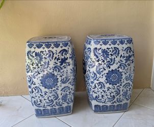 Vintage White & Blue Floral Vine Garden Stool,19" H x 10" W.