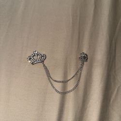 Men’s brand new silver crown brooch with chain lapel pin for suit and jacket