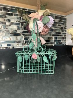 Vintage Green Metal Basket & Rose Detail And Floral Vines Art Deco, Rare Basket