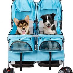 Pet Stroller Twin Folding Dog Cat Carrier Travel Cart, Multiple Colors Blue