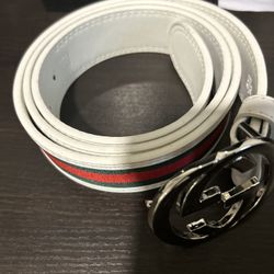 Gucci Men's White Belt Red Green Stripe Double G Logo Buckle Adjustable