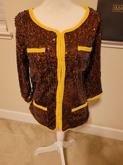 Iman Globle Chic Eligant Brown Sequined Womens Jacket Size Large