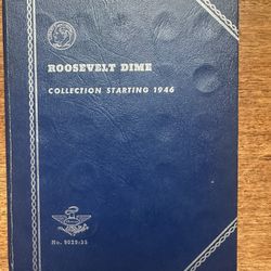 🩶1946-79 Roosevelt Dimes P, D and S includes 63 coins with slots for 75 total coins in a Whitman folder from an inherited coin collection. 
