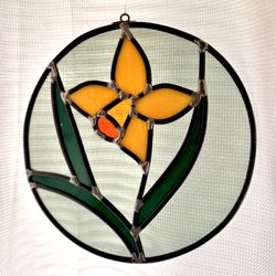 Vintage Stained Glass Daffodil Flower Window Sun Catcher Tiffany Style Yellow