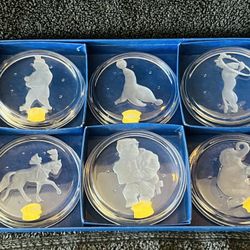 VTG Set of 6 Val St Lambert Crystal Circus Animal Coasters-Original Stickers & Marked-1 Flee Bite