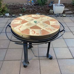 Metal & Tiled Southwest Kokopelli Rolling Accent Table on Wheels Outdoor Patio Accent Piece