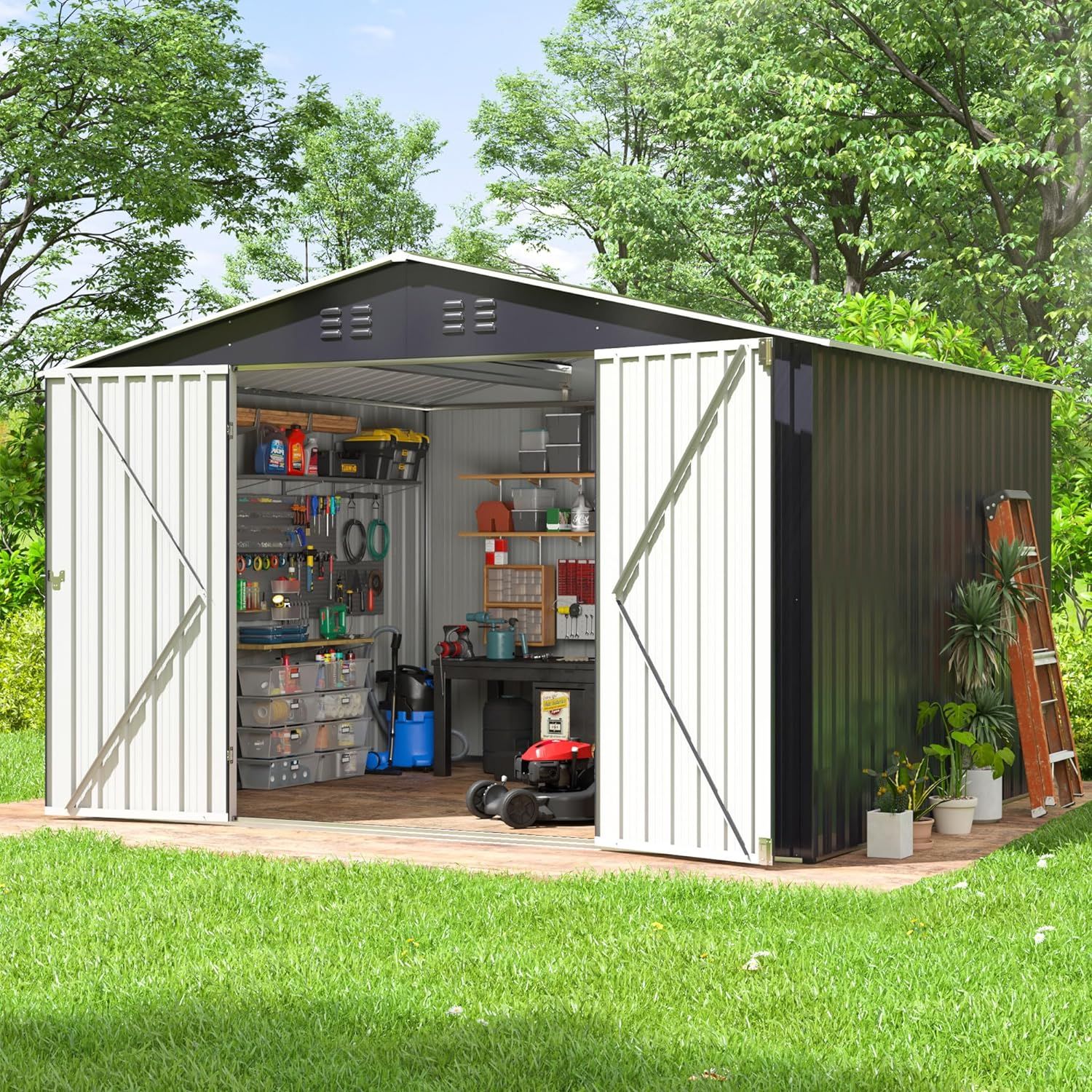 Outdoor Sheds 6FT x 8FT & Outdoor Storage Clearance, Metal Anti-Corrosion Utility Tool House with Lockable Door & Shutter Vents, Waterproof Storage Ga
