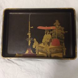 VINTAGE ZOHIKO KAMAKURA BORI  JAPANESE SERVING TRAY KYOTO LACQUER ART GOLD LEAF HAND PAINTED PAINTING 