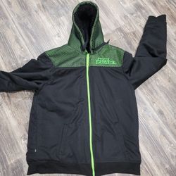 Vintage Y2K No Fear Jacket Black Green Sherpa Lined Full Zip Hoodie Men's XL.