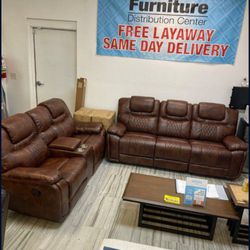*Spring Sale Event*---Santiago Sleek Brown Leather Reclining Sofa/Loveseat Sets---Delivery And Easy Financing Available👌