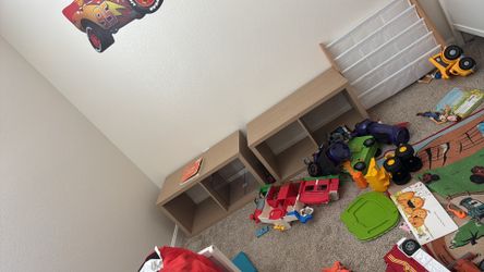 toddler bed mattress and frame , 2 book/toy shelves