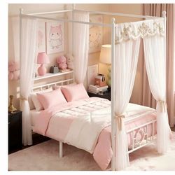 Like New White Metal  Full size Canopy Bed Frame