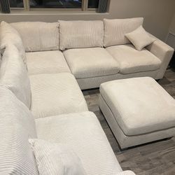New Corduroy Fabric Sectional.  Off White / Beige.  99” X 99”.  Free Delivery!
