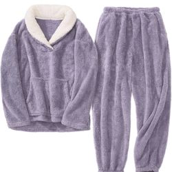 Women's Flannel Pajamas Fleece Oversized Pullover Fuzzy Pajama Sets Cozy Pants Sets Fluffy Loungewear