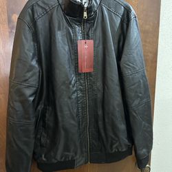 New Men's Stand Up Collar Fleece Lined Bomber; Faux Leather Jacket; Warm Winter Coat; Lightweight, Black