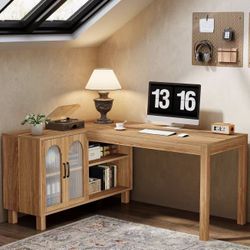 XK00889 L-Shaped Desk with File Cabinet, 59-Inch Executive Office Desk with Storage Shelves, Wooden Study Writing Desk Farmhouse Corner Computer Desk 