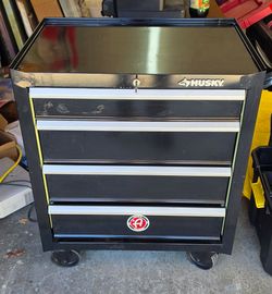 Husky 4-Drawer Mobile Tool Cabinet - Black, Lockable with Key (Good Condition)