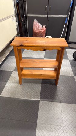 Vintage Wooden Console Table with Two Shelves and scalloped front. Made in the USA. Home interior gifts