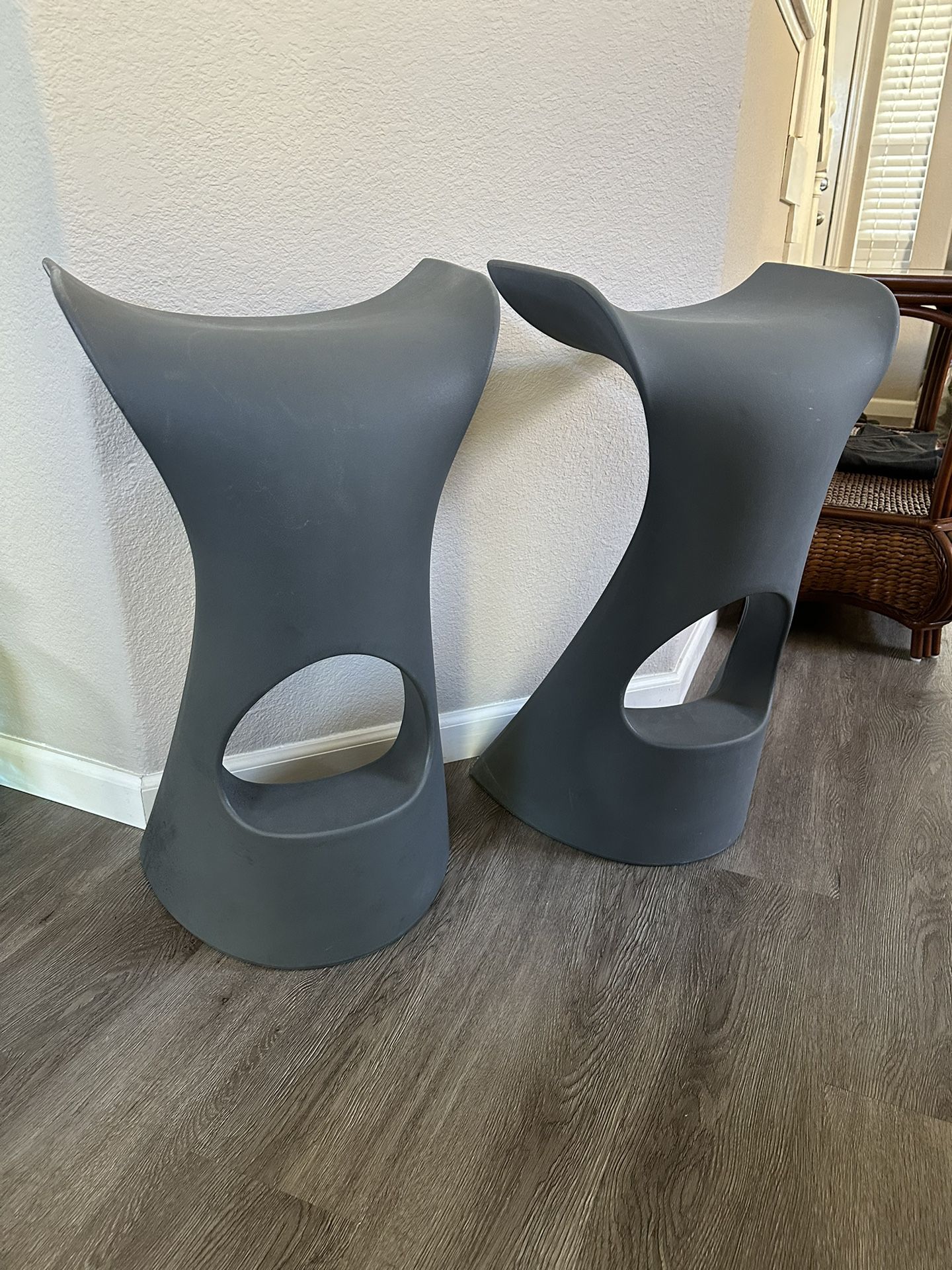 2 grey Slide Koncord Stools - Indoor & Outdoor, Designed by Karim Rashid, made in Italy Designed by Karim Rashid, The Koncord Stool is a contemporary 