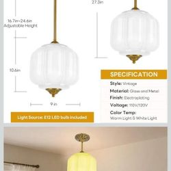 9in White Milk Glass Ceiling Light Fixture, LED Bulb Included, Vintage Semi Flush Mount Pendant Light Antique Brass Mid Century Art Deco Chandelier fo