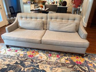 Custom Houston-Built Mid-Century Tufted Sofa - Oatmeal Linen