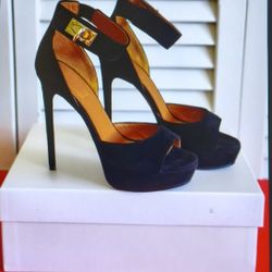 GIVENCHY Paris Women's Ankle Strap Platform Stiletto Heels Suede Shoes, Size 7.5 , Black
