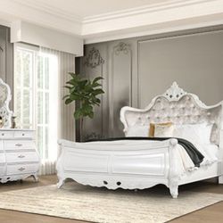 Brand New Upscale White & Tan 4pc Queen Bedroom Set (Available In Eastern King)