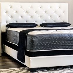 Brand New White Queen Size Leather Bed Frame With New Mattress/Fast Delivery 
