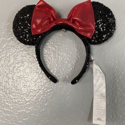 DISNEY PARKS MINNIE MOUSE EARS BLACK SEQUIN EARS WITH RED SHINY BOW