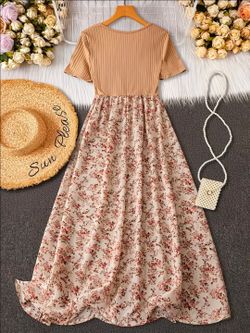Summer dress size S beige, flowers print skirt