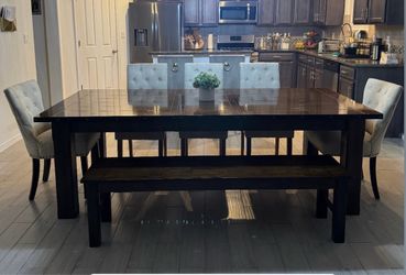 Dark Wood Dining Table with Bench and Chairs