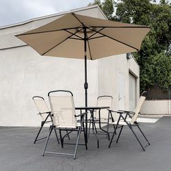 (Brand New) $140 Outdoor 6pcs Patio Set with 32x32” Table, 4pc Folding Chairs and 10ft Tilt Umbrella
