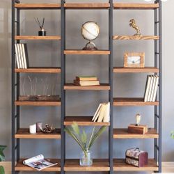 Large Modern Bookshelf and Shelving Unit , Solid Wood Bookcase with Metal Racks, 88(W)x79(H)x13(D)’’