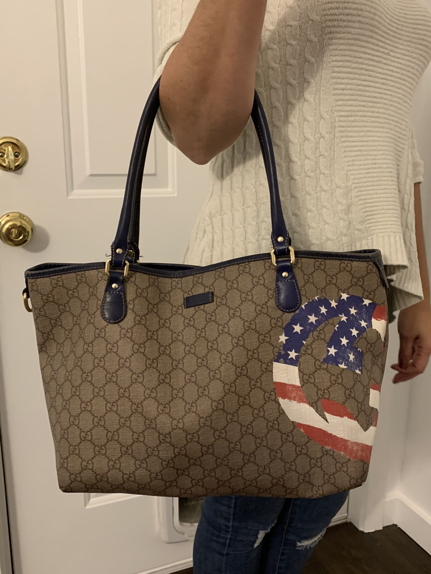 Gucci Beige/Blue GG Coated Canvas American Flag Joy Tote Bag handbag