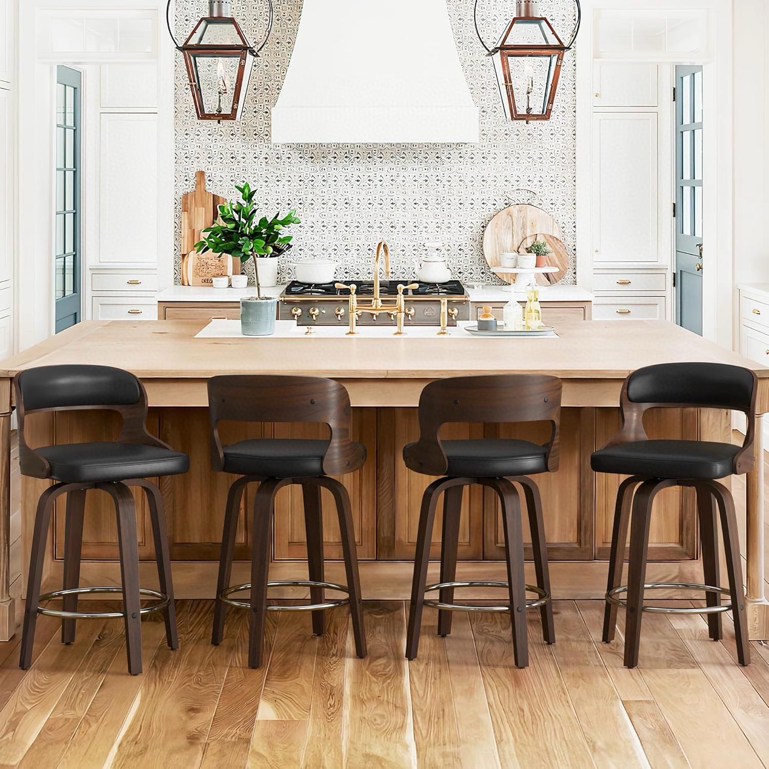 Set of 4 Swivel Barstools, Counter Height Bar Stools, 26" Faux Leather Swivel Counter Stools, Mid Century Bar Stool black seats