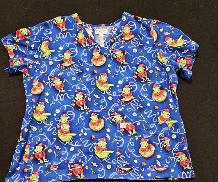 Peaches Uniforms Christmas Frog Women's Scrub Top Size 3XL