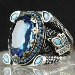 Mens Ring Sapphire Ring  925 Sterling Silver Gemstone Size Ring 10